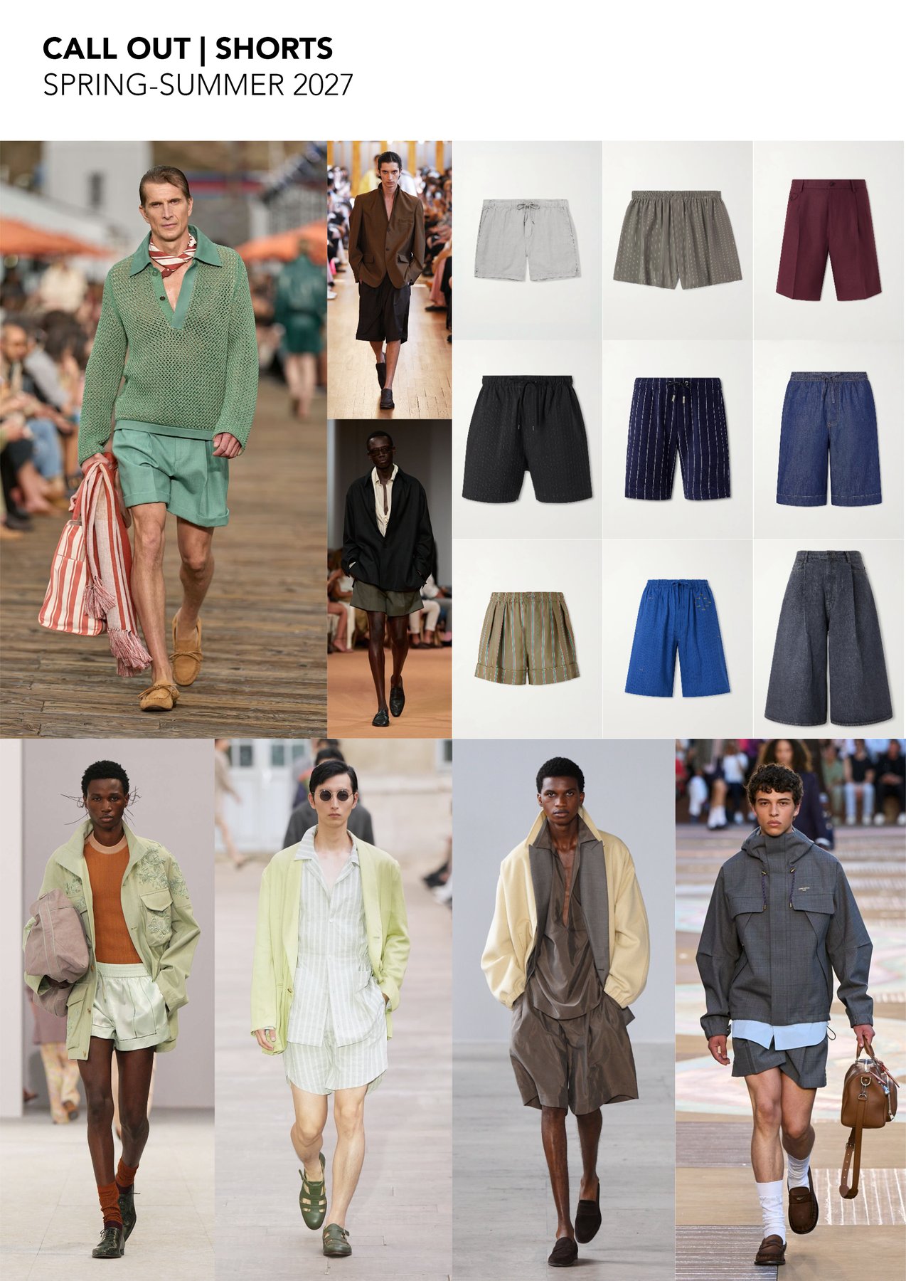 Call out: shorts, Spring/Summer 2027 — runway and product references for the season's shorts direction.
