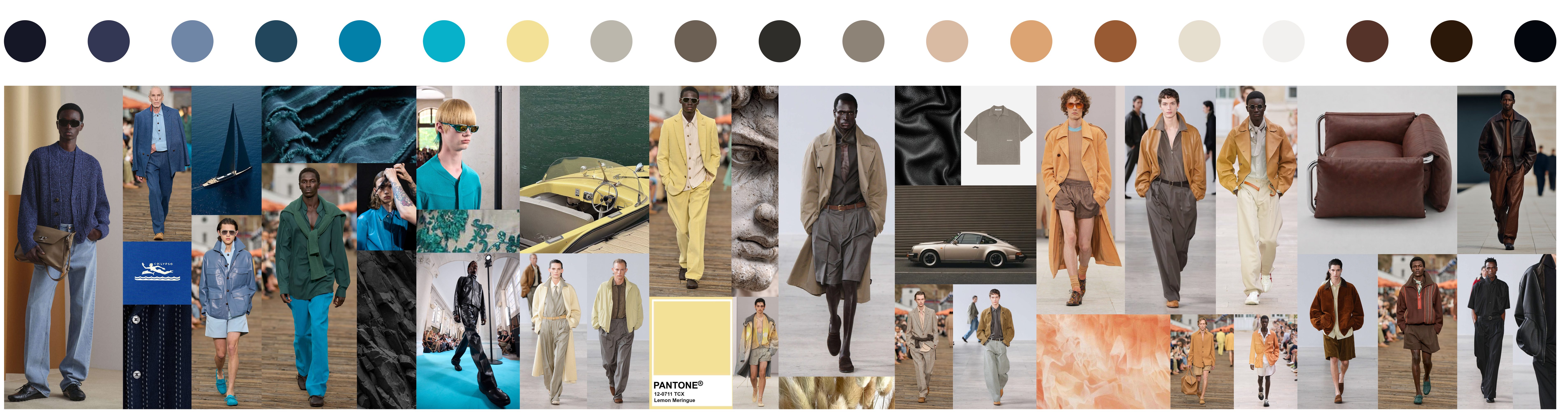 Spring/Summer 2027 colour and reference directions across three palettes: blue and teal, sand and olive, and rust and brown, each paired with runway, product and material references.